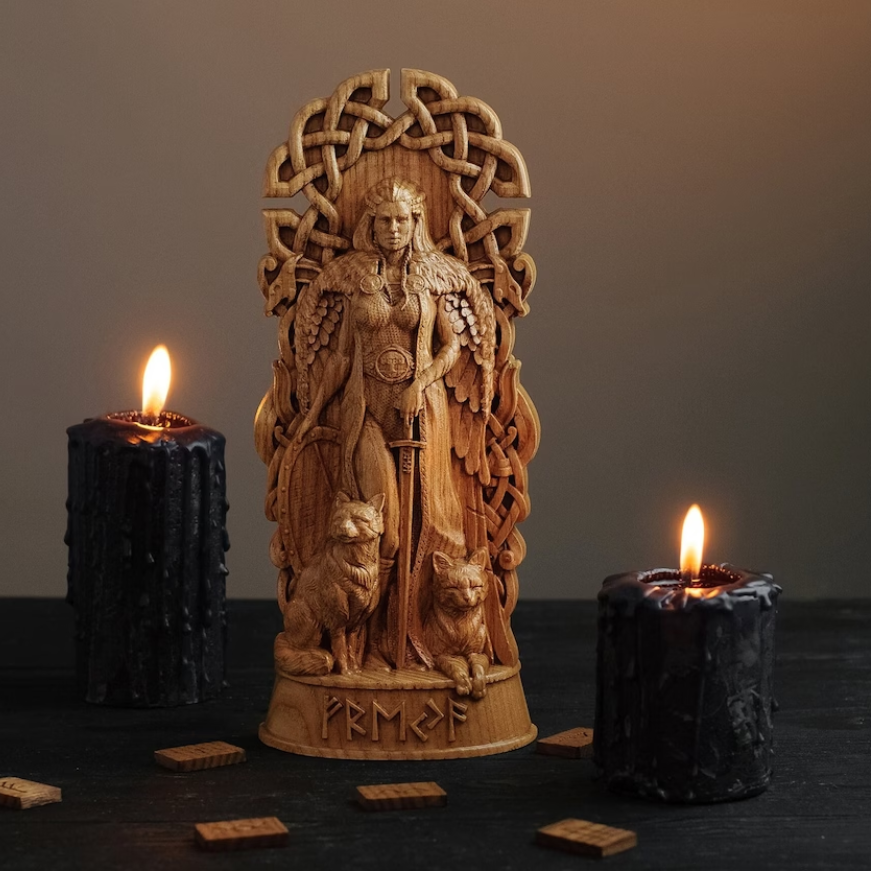 Freya, Freyja Statue, Nordische Göttin Holzschnitzerei Skulptur