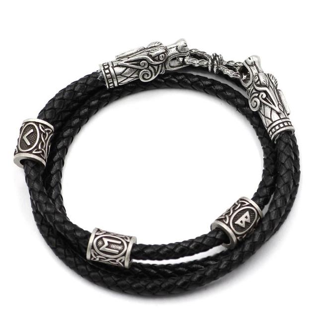 Nordisches Wikinger-Lederarmband mit Drachenköpfen