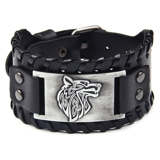 Wikinger-Lederarmband mit nordischem Wolfskopf