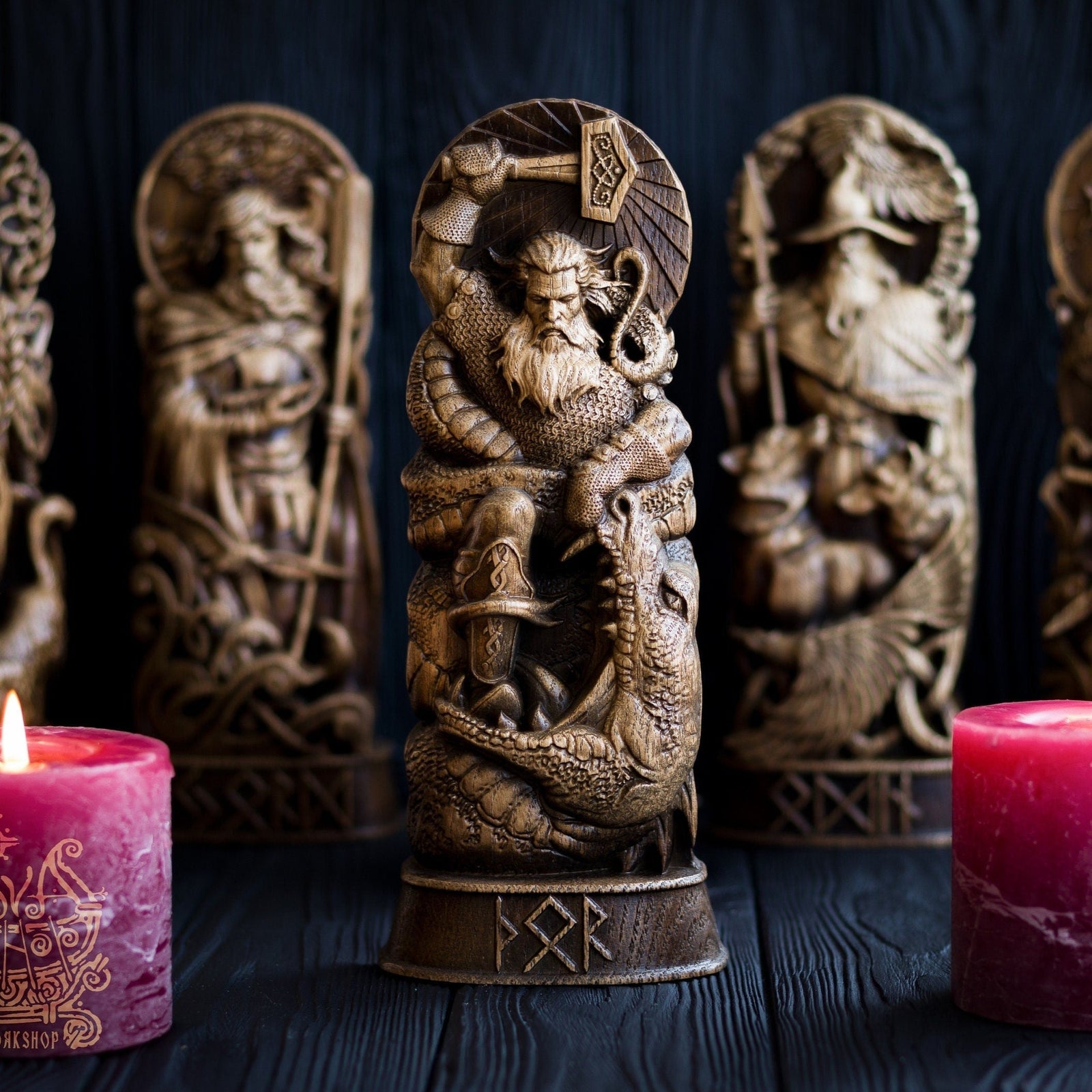 Thor im Kampf mit Jormungand Skulptur, Nordischer Gott Holzschnitzerei Statue