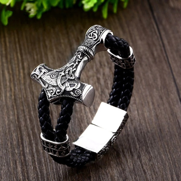 Thors Hammer mit Runen Lederarmband
