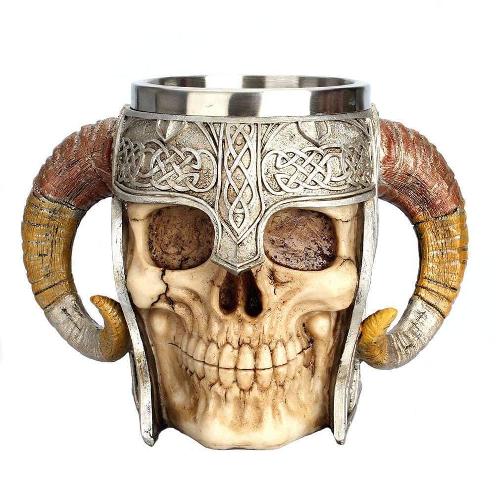 Wikinger-Tankkrug - Handgefertigter Schädel mit Hornhelm aus Stahl